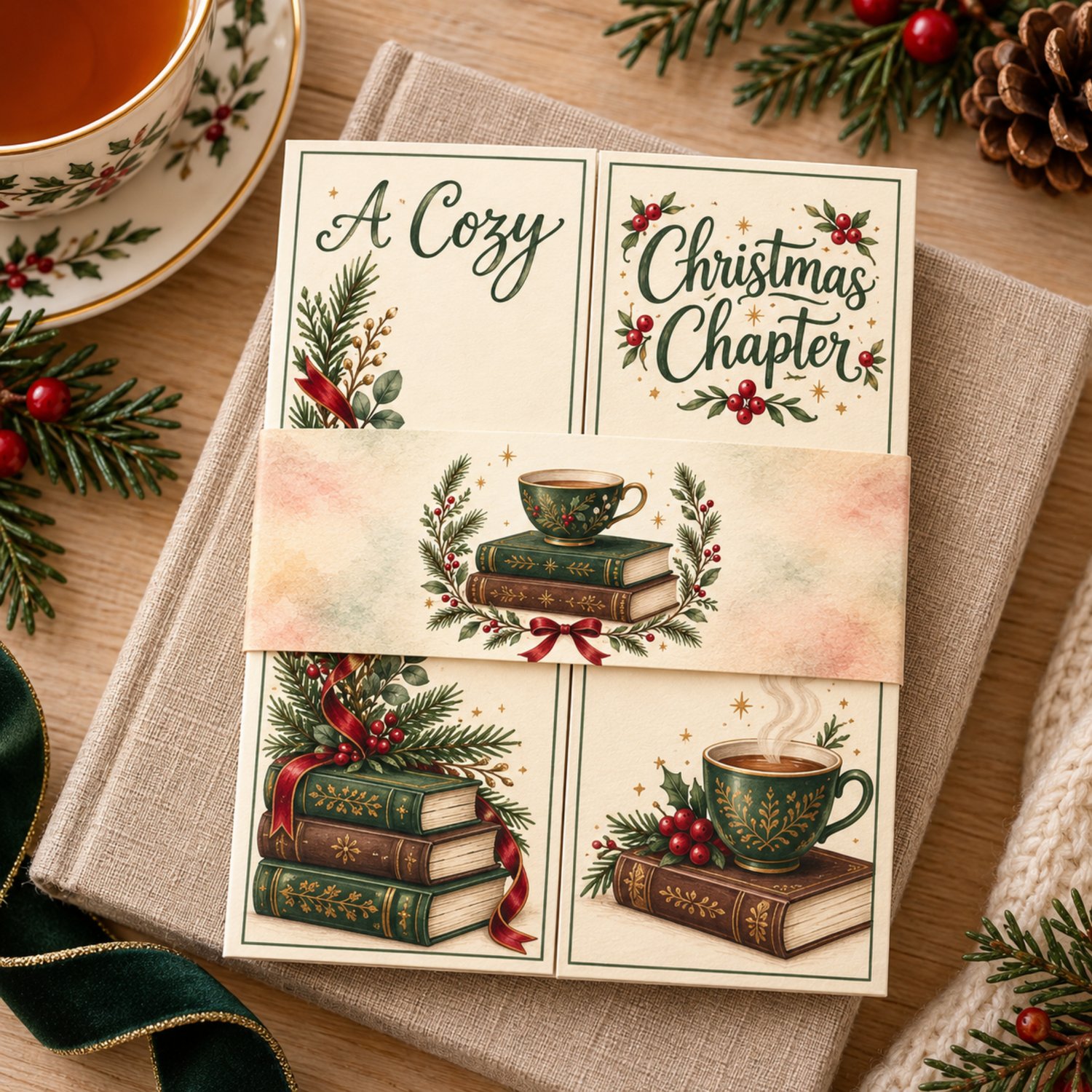Cozy Christmas gift card holder shown open and closed, with books, teacups, evergreen sprigs, cranberry bows, an inside gift card pocket, and matching belly band.