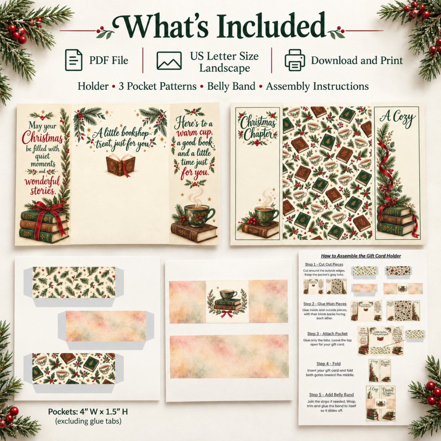 Cozy Christmas gift card holder shown open and closed, with books, teacups, evergreen sprigs, cranberry bows, an inside gift card pocket, and matching belly band.