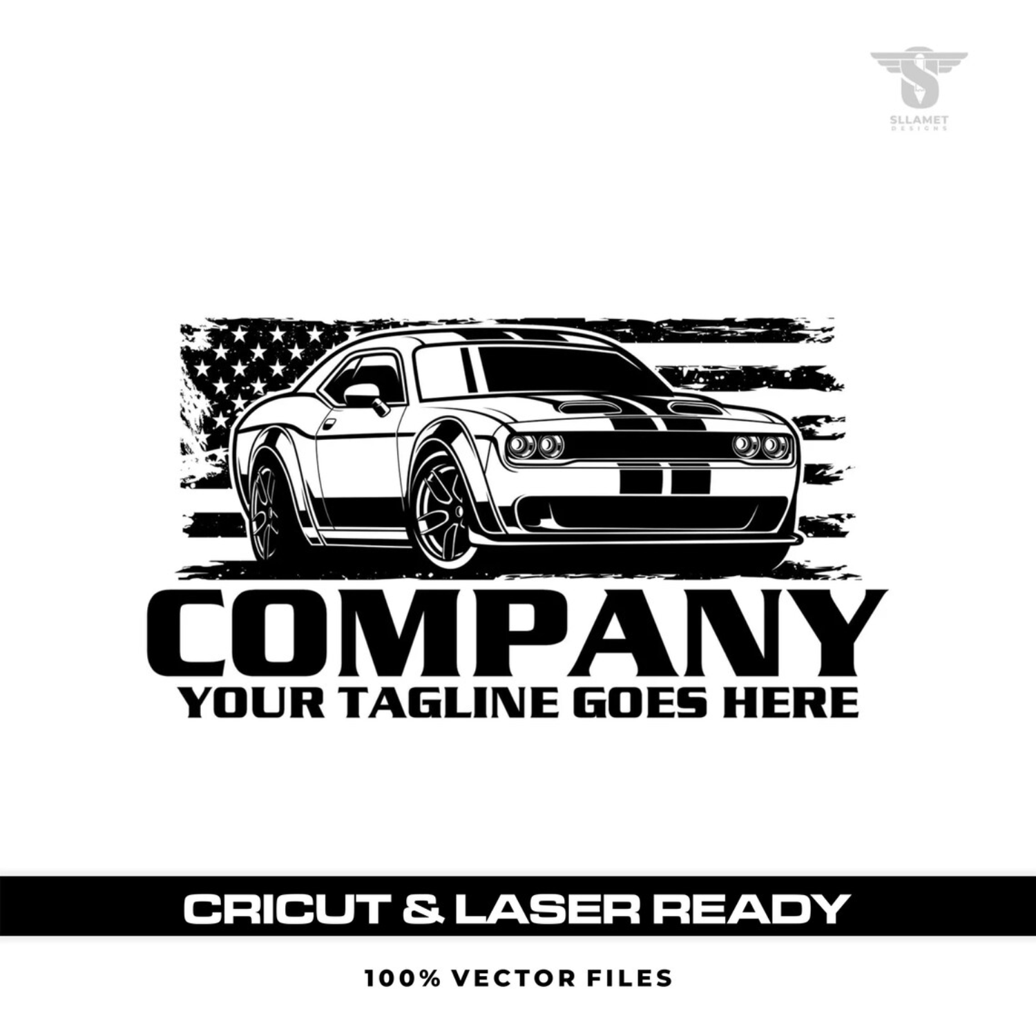 Black and white American muscle car vector logo featuring a sporty coupe with hood racing stripes, aggressive front grille, distressed American flag background, bold company lettering and customizable tagline.