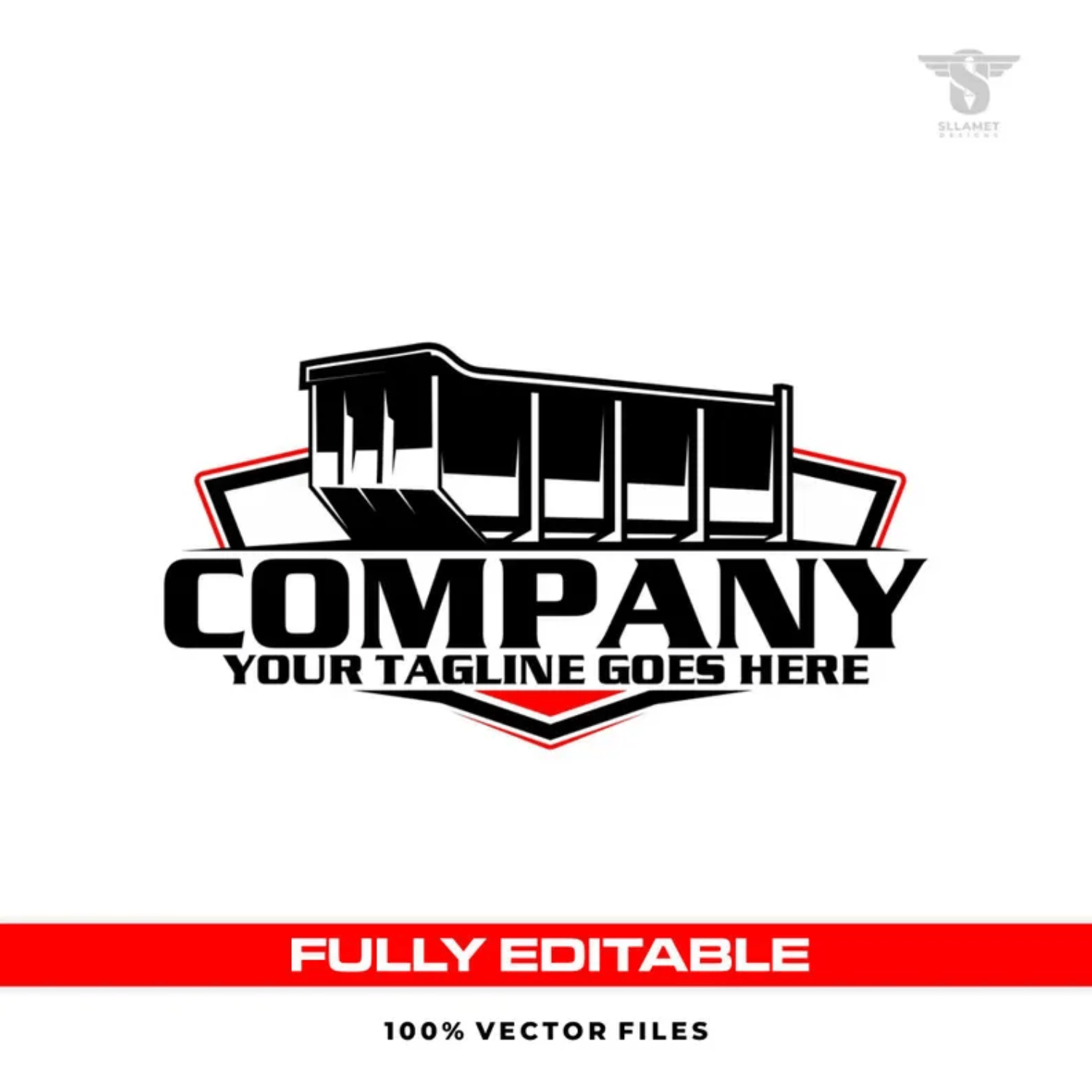 Roll off dumpster vector logo featuring a black industrial waste container with white highlights, red and black shield badge, bold company lettering and customizable tagline for dumpster rental and junk removal businesses.