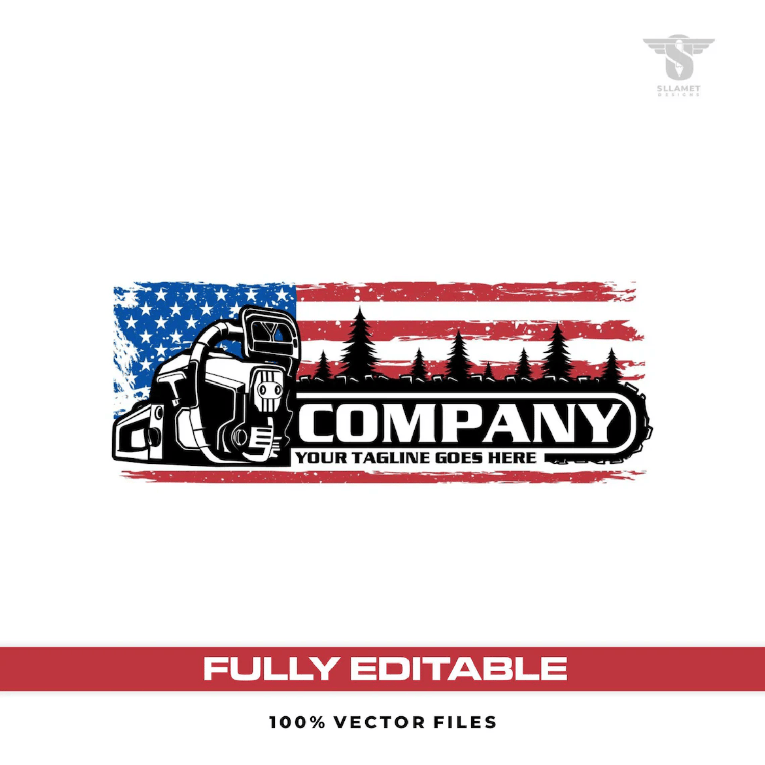 Patriotic chainsaw tree service vector logo featuring a black and white chainsaw, pine tree silhouettes, distressed red white and blue American flag background, bold company lettering and customizable tagline.