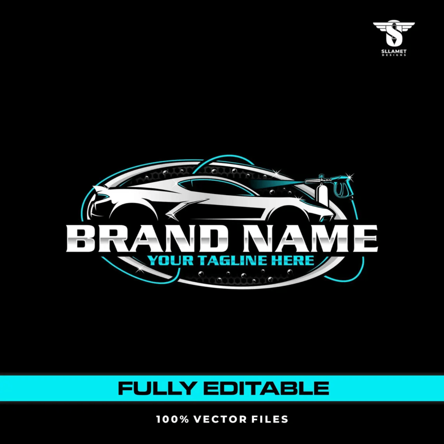 Car detailing vector logo featuring a sleek white sports car with black and turquoise accents, automotive washing spray gun, silver oval badge, bold company lettering and customizable tagline on a black background.