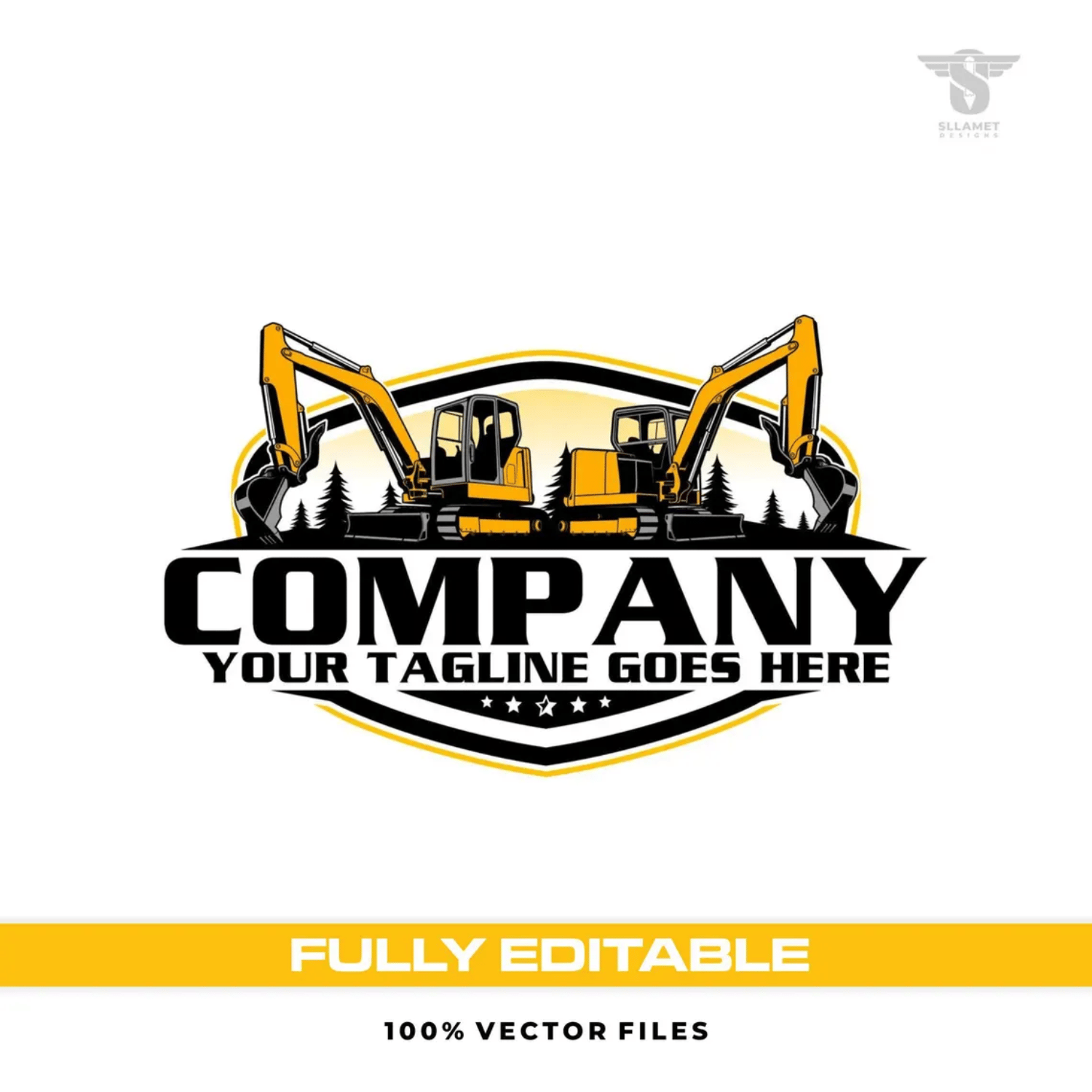 Dual mini excavator vector logo featuring two yellow compact tracked hydraulic diggers facing opposite directions, black digging buckets, pine tree silhouettes, black and yellow oval badge, bold company lettering, white stars and customizable tagline.