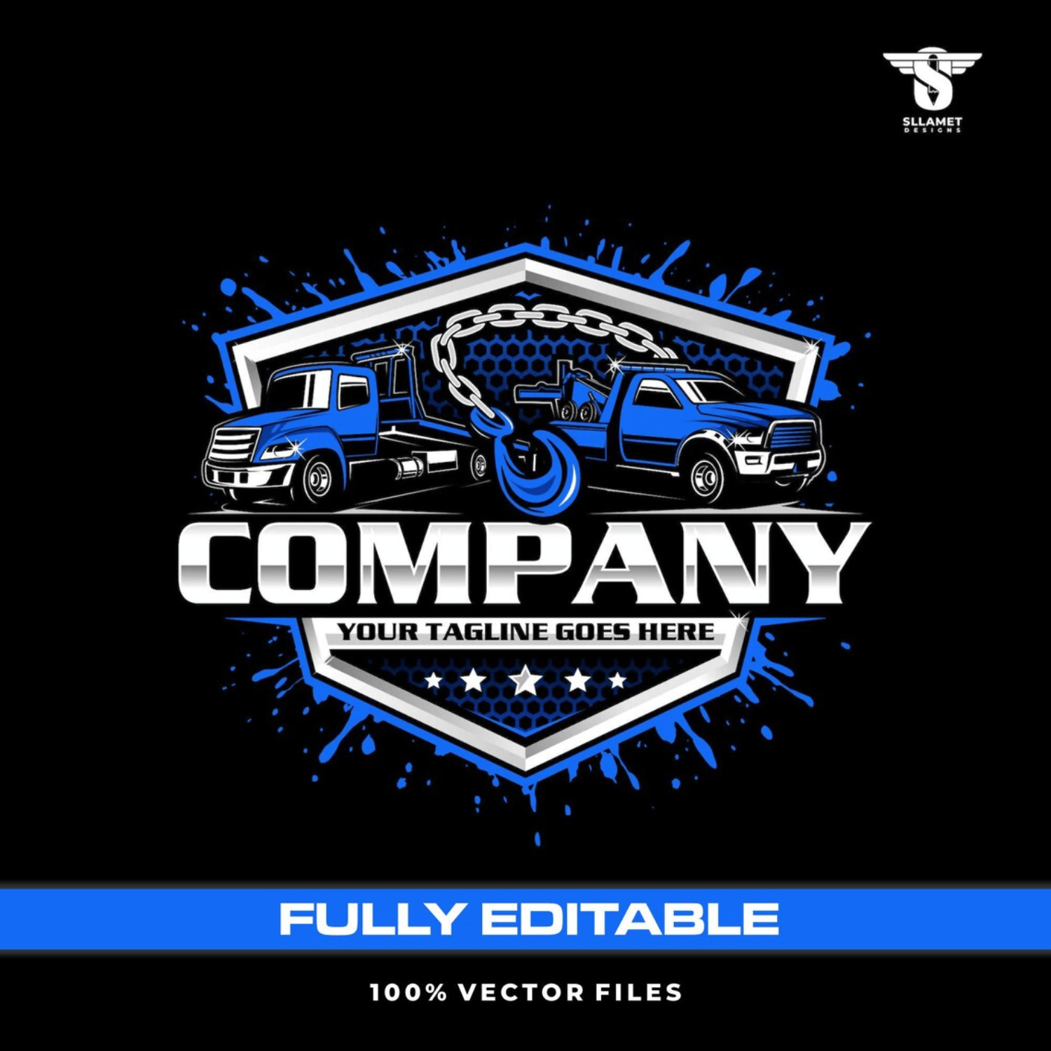 Blue towing and recovery vector logo featuring a heavy-duty tow truck, pickup recovery truck, silver towing chain, blue recovery hook, black honeycomb shield, blue paint splashes, silver company lettering and customizable tagline on a black background.