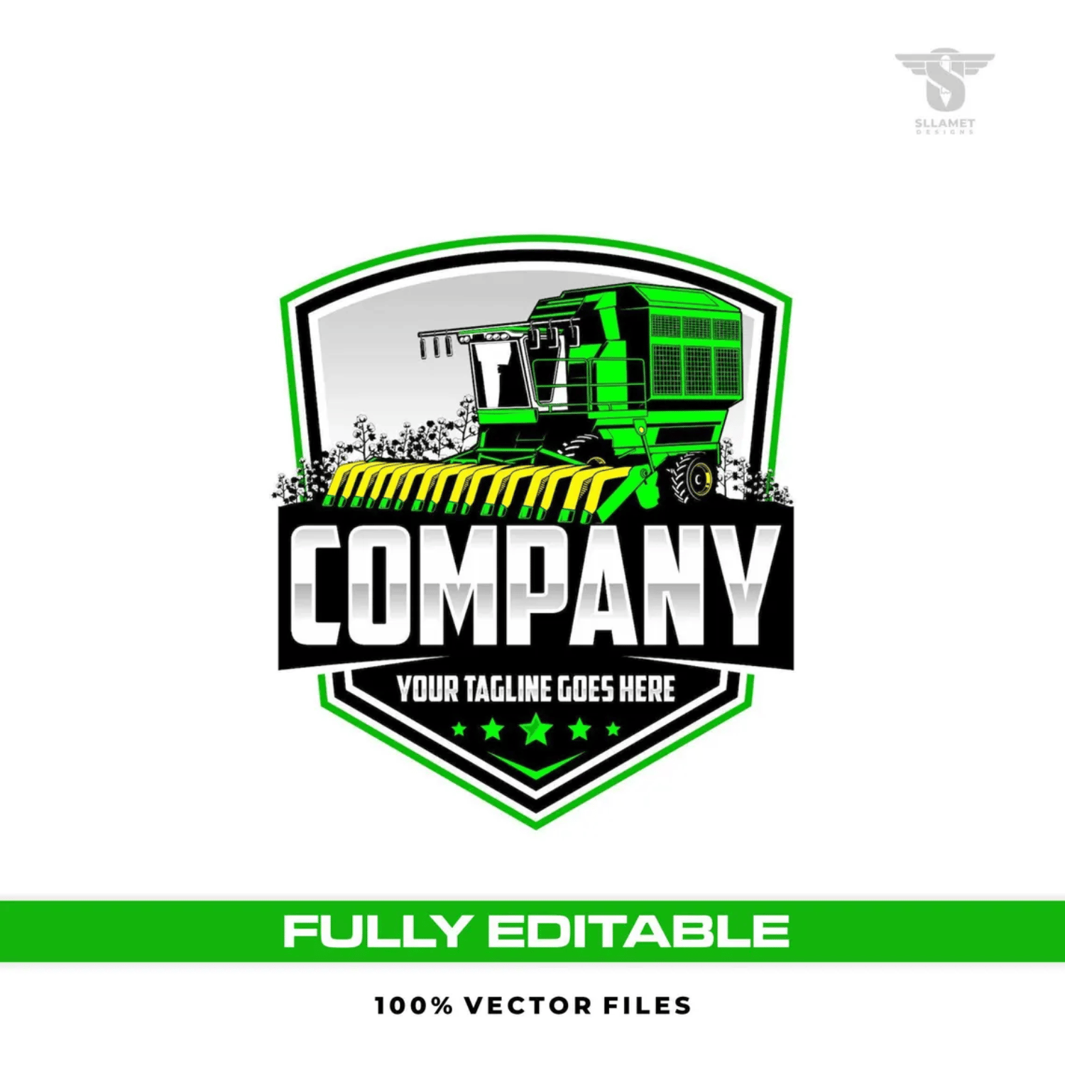 Green cotton stripper vector logo featuring a self-propelled cotton harvesting machine with yellow stripping header, cotton plants, green and black shield badge, silver company lettering, green stars and customizable tagline.