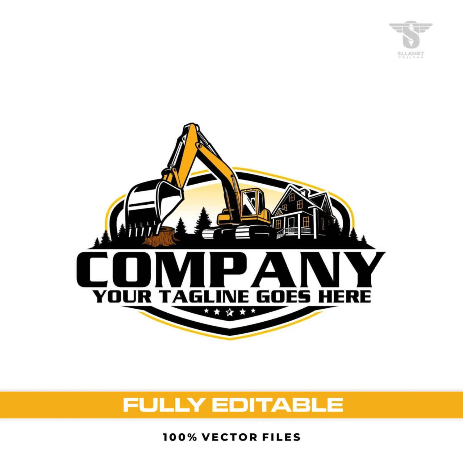 Large yellow hydraulic excavator vector logo featuring a heavy-duty tracked digging machine with black bucket, tree stump, pine tree silhouettes, residential house, black and yellow shield badge, bold company lettering and customizable tagline.