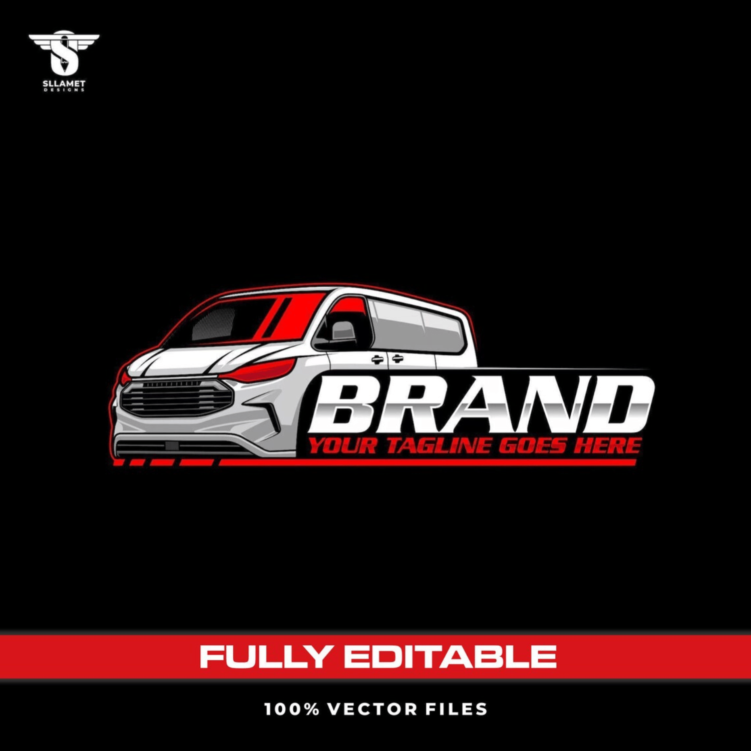 Delivery cargo van vector logo featuring a modern white commercial van with red accents, tinted side windows, detailed black grille, bold silver brand lettering and customizable red tagline on a black background.
