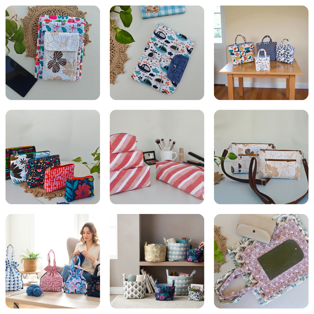 Nine beginner bag sewing patterns made up in different fabrics