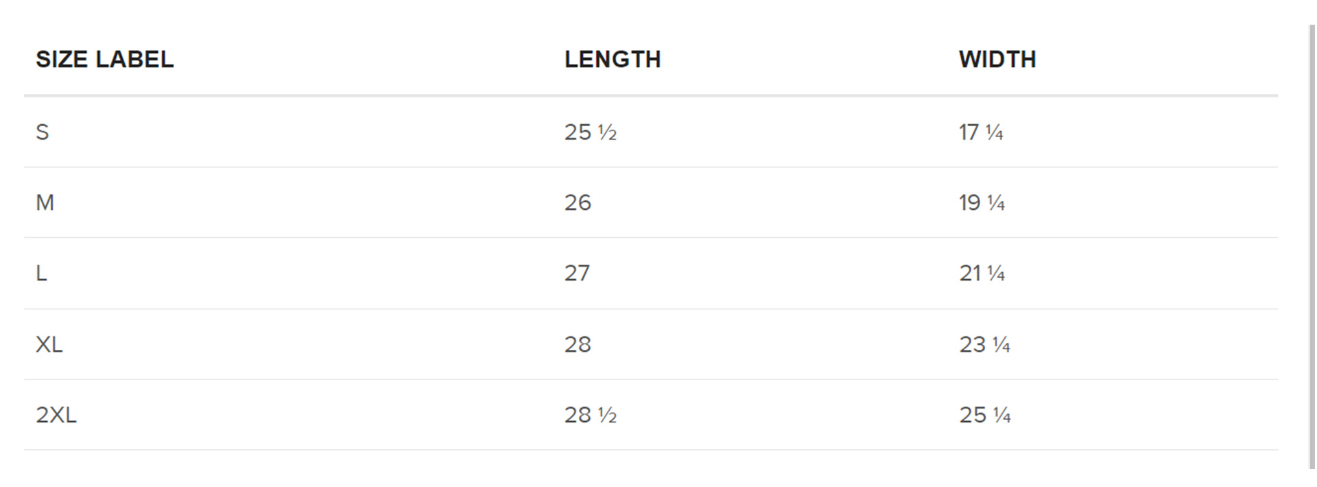 Size chart