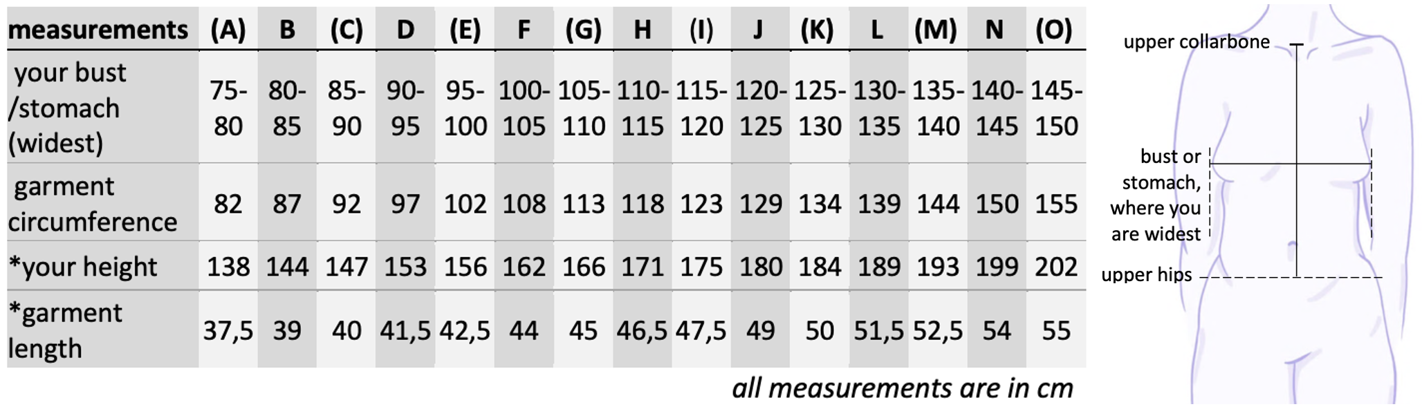 size chart and measuring guide