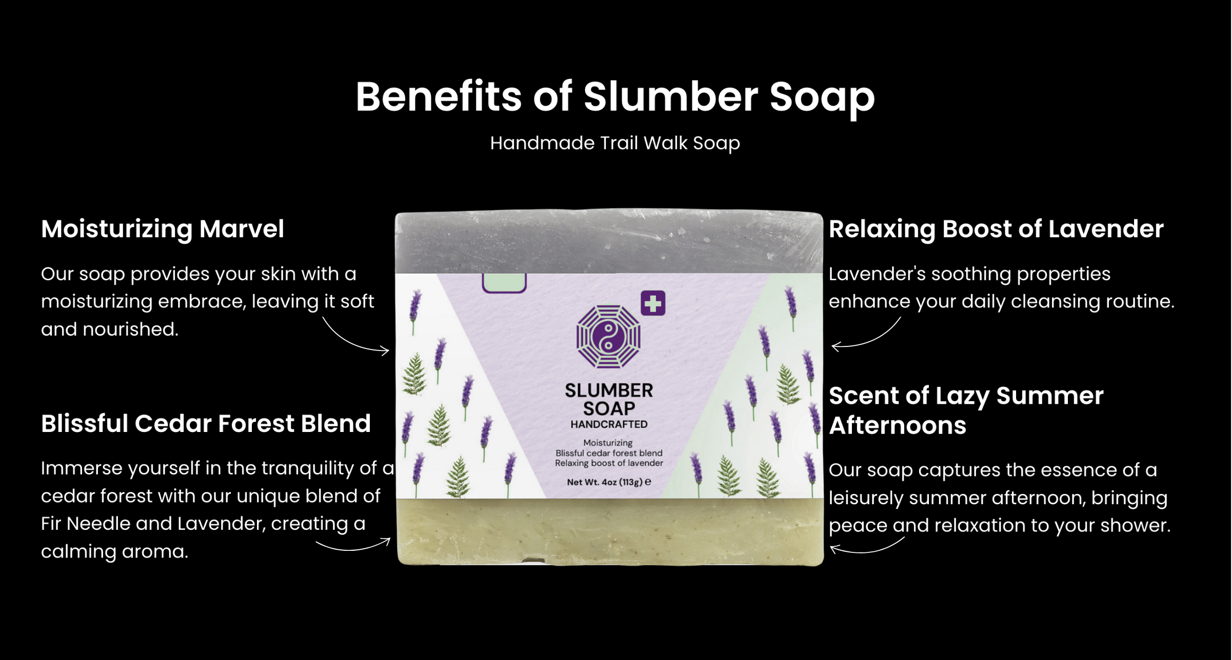 Slumber soap, a blend of relaxing lavender and blissful cedar forest fir needle. Handmade for trail walks. Providing moisture and softness to your skin, with a calming aroma for relaxation. Gentle, herbal tranquility.