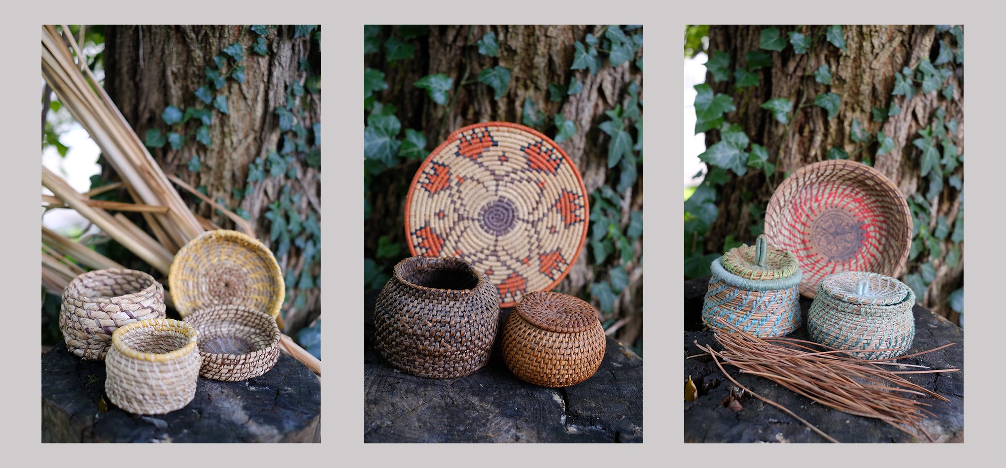 Vannerie spirale massette ronce raphia aiguilles pin