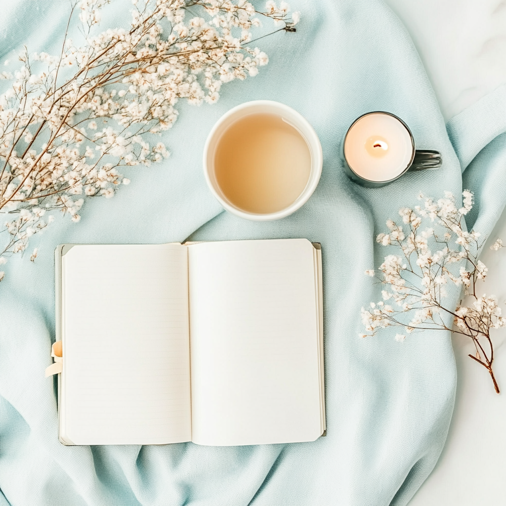“Flat lay of a cozy self-care journaling setup with an open blank notebook, warm herbal tea, candle, and soft pastel blue blanket, styled with delicate dried flowers — ideal for mindfulness, mental health routines, and introvert-friendly rituals.”