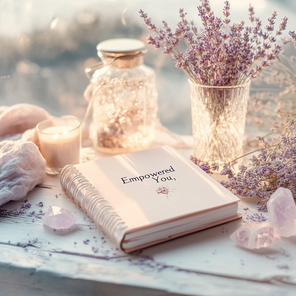 A calming flat lay featuring the Empowered You eBook surrounded by lavender sprigs, healing crystals, a soft candle, and wellness jars. This serene setting embodies the peaceful, empowering energy of the eBook — ideal for introverts on a self-care journey.