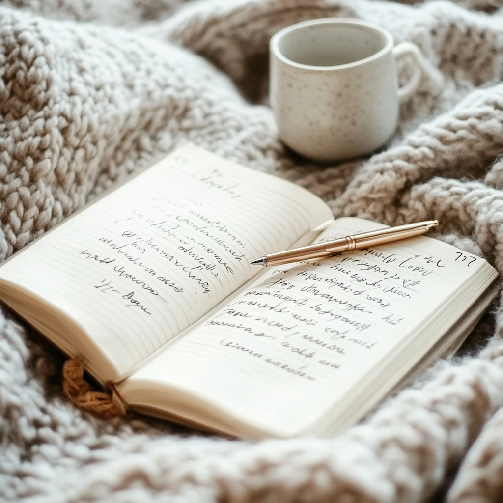 “Open journal with handwritten affirmations and a pen on a cozy knitted blanket next to a ceramic mug — ideal for self-care routines, journaling for mental health, and mindfulness for introverts.”