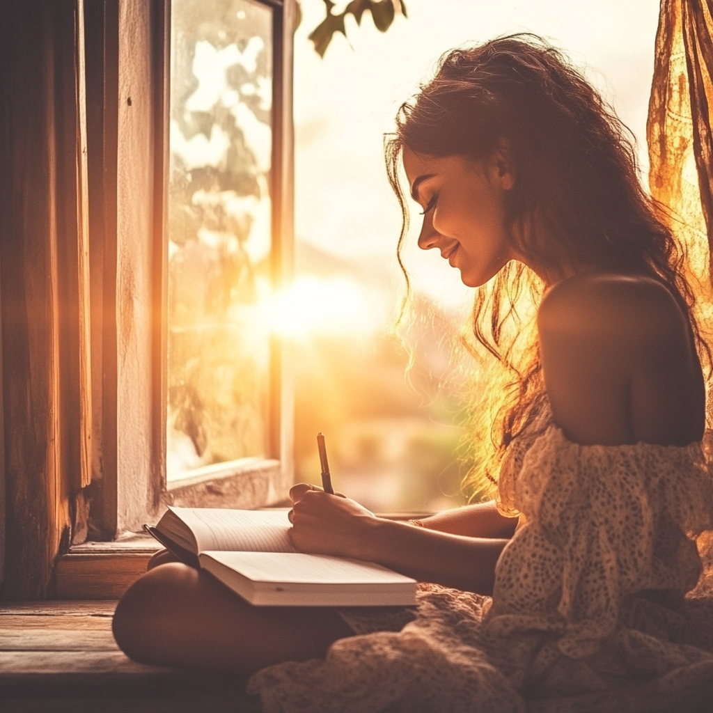 “Calm, smiling woman journaling in a sunlit room with natural light streaming through a nearby window — perfect for self-reflection, mental wellness routines, and confidence-building for introverts.”