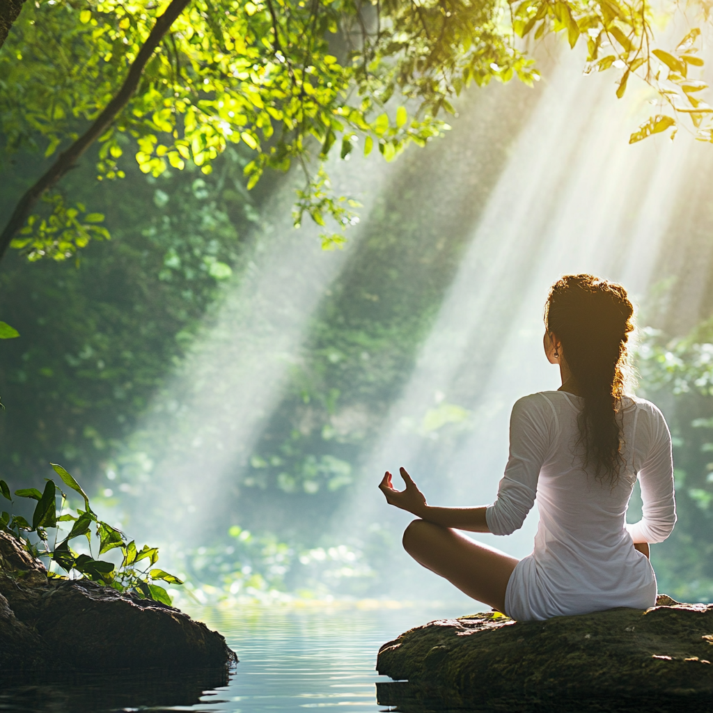 “Person meditating outdoors in a peaceful natural setting surrounded by greenery and soft sunlight — ideal for mindfulness practice, stress relief, mental health, and self-care for introverts.”