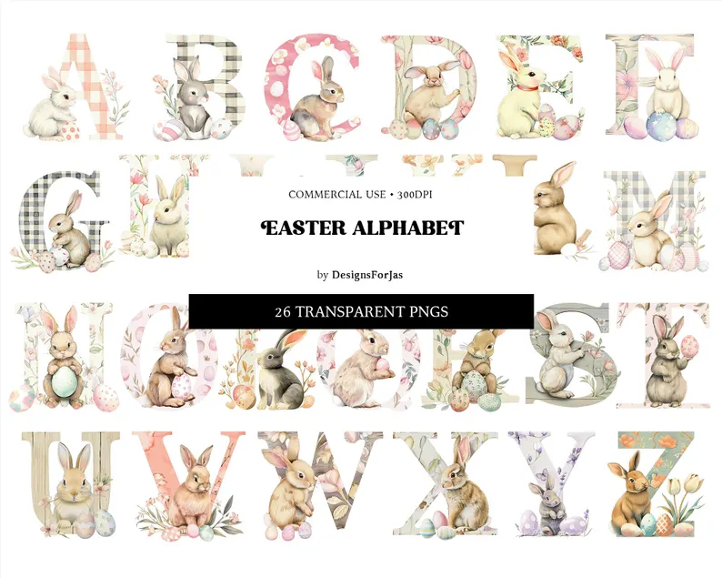 Easter Alphabet PNG, Easter Clipart Letters, Watercolor Easter Alphabet Font