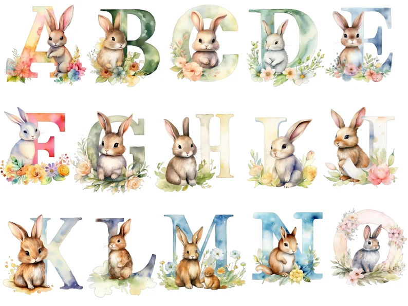 Watercolor rabbit alphabet clipart