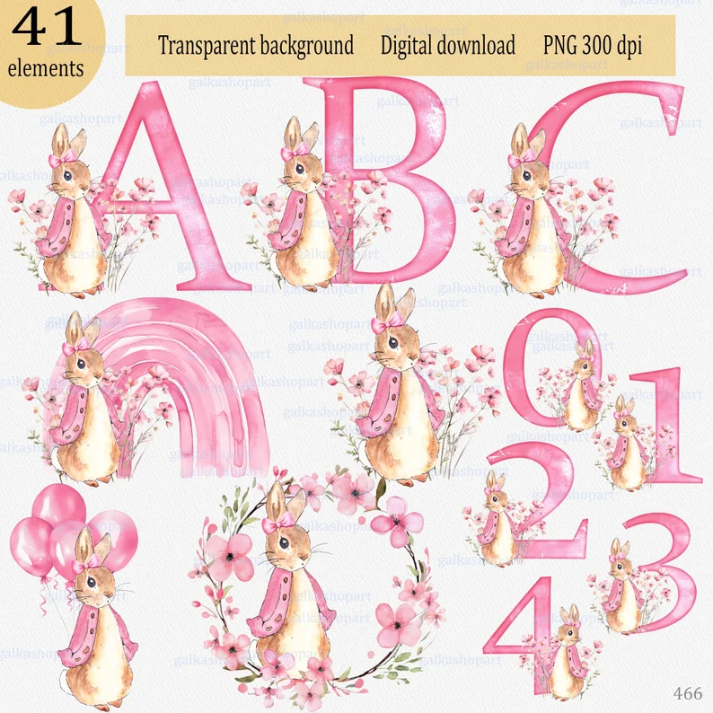Peter Rabbit pink alphabet & numeral clipart PNG, watercolor floral bunny monogram