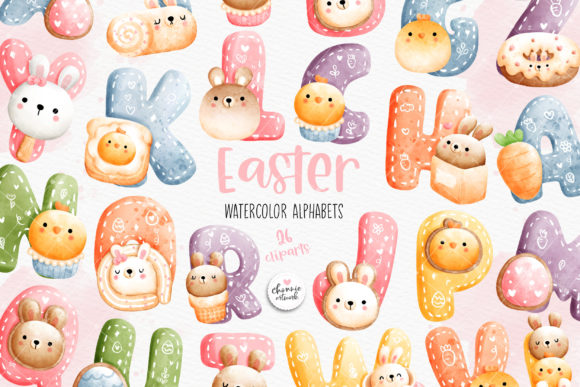Watercolor Easter Alphabet, Rabbit Fonts