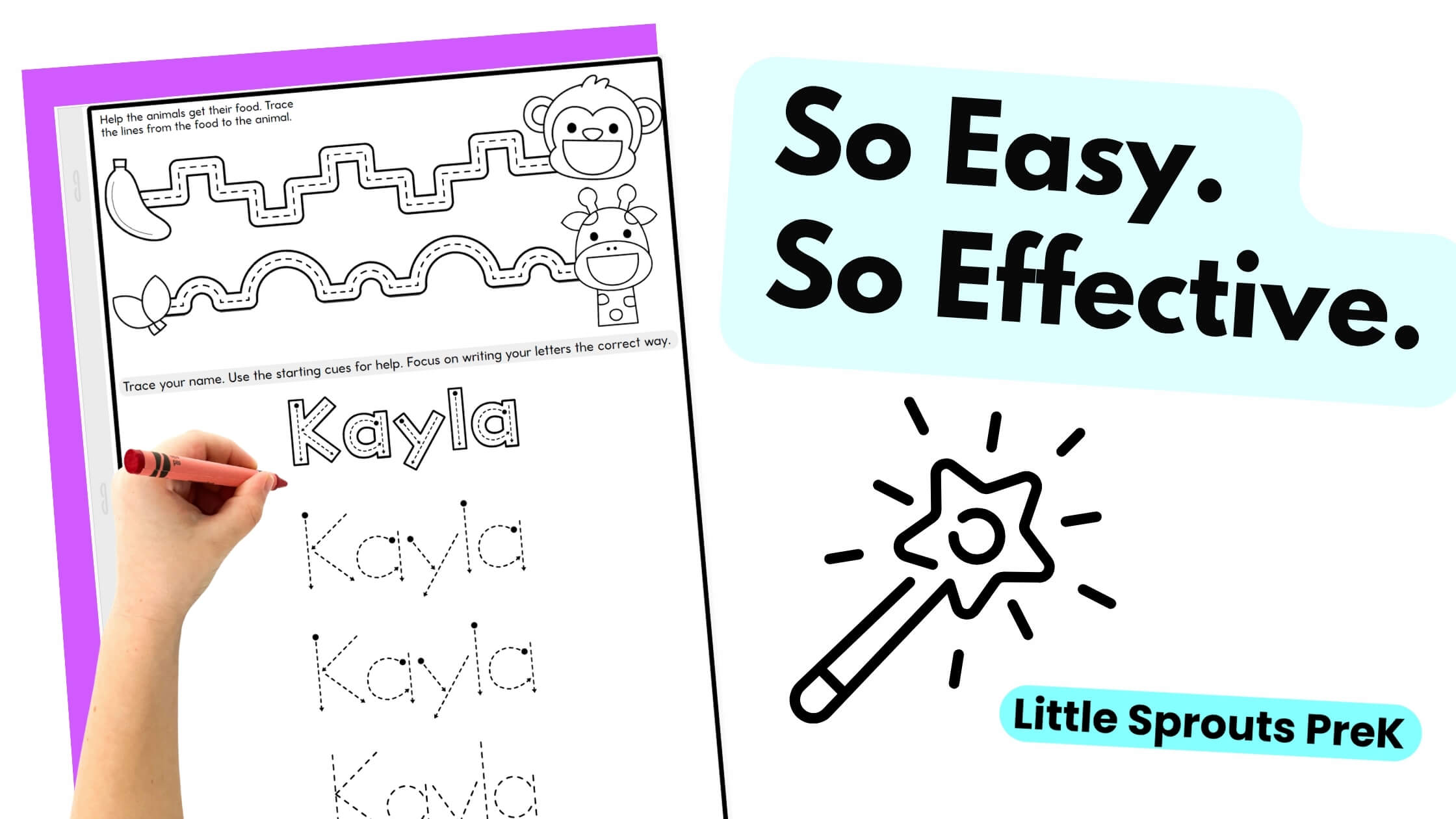 Name tracing worksheet with animal-themed fine motor activity and handwriting lines for preschool name practice