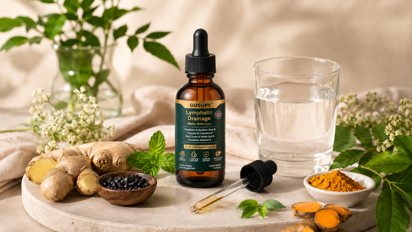 GUSUPY lymphatic drainage drops displayed with a glass of water, dropper and botanical ingredients in a natural wellness setting.