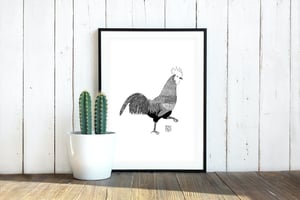 Rooster illustration by Mervi Emilia Eskelinen in a frame