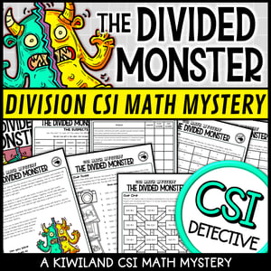 CSI Math Mystery Detective with division problems and Kiwiland Education fun