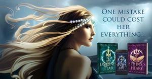 A blond mermaid princess with her hair blowing in the wind stands in front of a stormy sky. Caption: One mistake could cost her everything. Also shows three epic fantasy book covers.