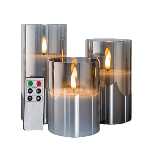 Eywamage Grey Glass Flameless Candles with Remote Battery Operated Flickering LED Pillar Candles Real Wax Wick Φ 3" H 4" 5" 6"