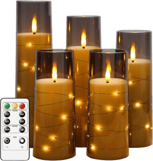kakoya Flameless LED Candles with Timer 5 Pc Flickering Flameless Candles for Romantic Ambiance and Home Decoration Durable Acrylic Shell,with Embedded Star String，Battery Operated Candles（Grey）