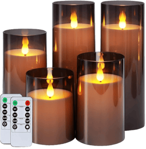 Homemory Gray Flickering Flameless Candles, Battery Operated Acrylic LED Pillar Candles with Remote Control and Timer, Set of 5
