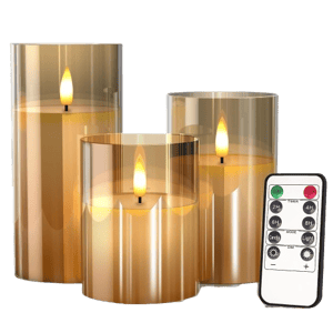Glass Battery Operated LED Flameless Candles with Remote and Timer, Real Wax Candles Warm Color Flickering Light for Festival Wedding Home Party Decor(Pack of 3)-Gold