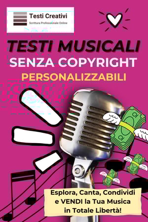 musica, testi musicali, libertà creativa, ispirazione, composizione, senza copyright, personalizzazione, espressione artistica, vendita, connessione emotiva, emozioni, artisti indipendenti, creazione musicale, autenticità, monetizzazione, connessione con il pubblico, creare melodie, esplorare emozioni, vendere musica, libero da vincoli, esplorazione artistica, opportunità uniche, unicità musicale, talento creativo, pubblico globale, connessione autentica, arte senza limiti, creare identità musicale, espressione senza restrizioni, monetizzare la creatività, libero da preoccupazioni legali, connettere attraverso la musica, vendere opere originali, testi coinvolgenti, creare connessioni durature, musica senza confini, liberare la voce, ispirare attraverso le parole, esplorare nuove possibilità musicali, vendita di composizioni, liberare la tua musica, potenziare la creatività, testi senza limiti, vendita di melodie uniche, musica indipendente, opportunità per artisti emergenti, testi su misura, generare traffico web, potenziare visibilità online, libro musicale, scoprire nuovi talenti.