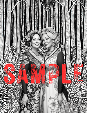 adult coloring book image. A lesbian couple in dresses overlay a forest. the word sample is stamped across it in red.