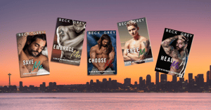 Background Seattle skyline at dusk overlayed with images of paperbacks from Beck Grey's Love in the Pacific Northwest series