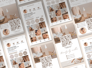 Instagram business card profile feed digital download canva template, social media marketing templates, modern aesthetic instagram business cards for influencers, hair stylists, estheticians, beauty therapists, skin specialists, makeup artists and more. modern Instagram business card digital download canva with QR code. QR code business card double sided instagram profile canva template digital download. Esthetician business instagram card digital download, host haven designs, trending instagram business card