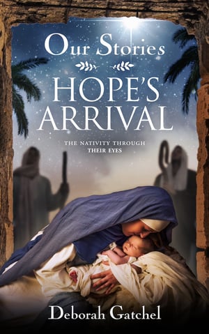 Book cover Our Stories: Hope's Arrival The Nativity through the eyes of those who were there. Mary leans over Jesus in the manger, kissing his forehead. In the background, is the silhouette of two shepherds. A bright star shines overhead.f