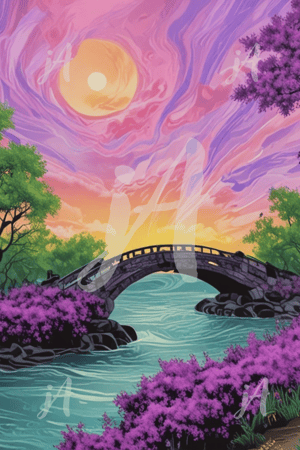 A dreamy, stylized illustration of a curved stone bridge over aqua waters, beneath a swirling, sunset-toned sky of pinks and purples, framed by vivid green trees and blooming violet flowers. #justArlene