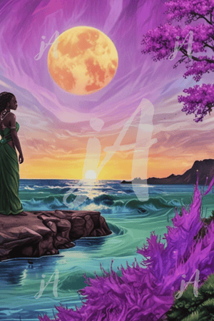 A dreamy, stylized illustration of a curved stone bridge over aqua waters, beneath a swirling, sunset-toned sky of pinks and purples, framed by vivid green trees and blooming violet flowers. #justArlene