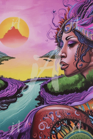 A dreamy, stylized illustration of a curved stone bridge over aqua waters, beneath a swirling, sunset-toned sky of pinks and purples, framed by vivid green trees and blooming violet flowers.  #justArlene