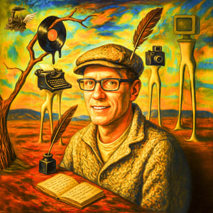 A surreal dot-pattern portrait inspired by Dalí, showing a man surrounded by creative tools including a typewriter, camera, record, and open notebook, symbolizing imagination, reflection, and the continuity of creative practice for The Creative Guide.