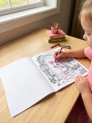 "Little girl coloring a page from Erika's Fun & Activity Colouring Book, adding pink crayon to a bunny illustration"