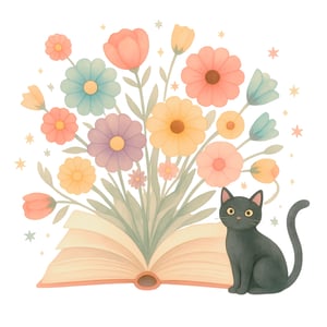 cat a books and flowers