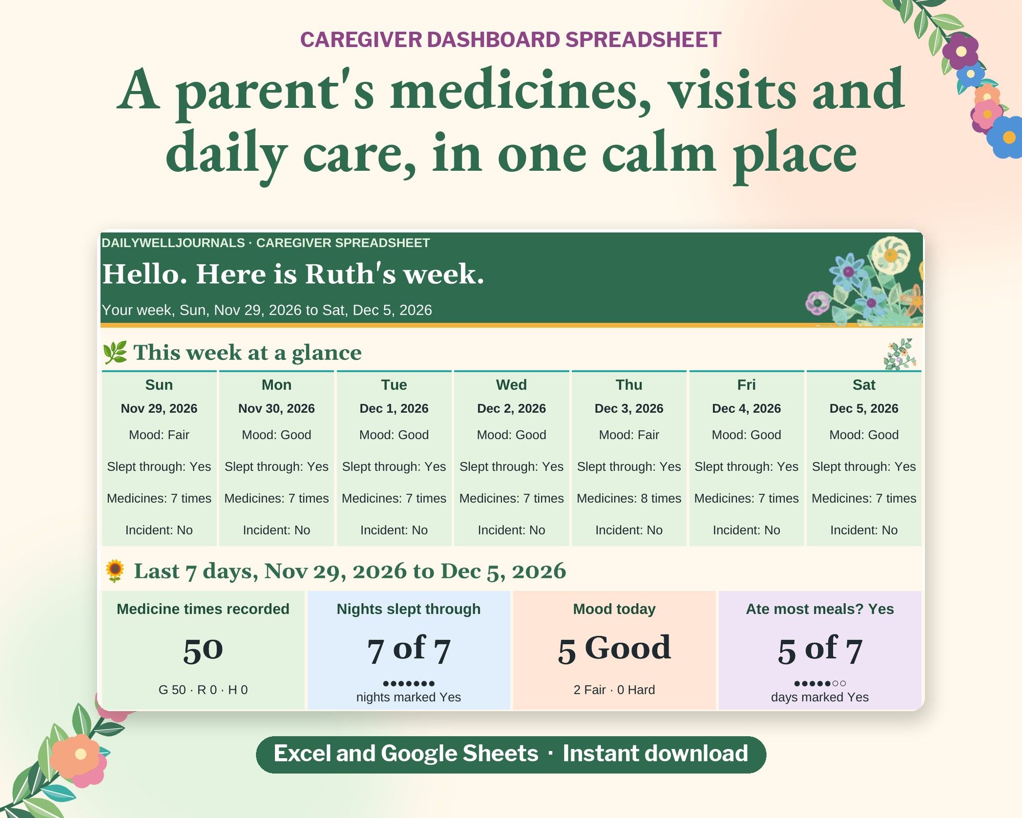 Caregiver Medication Log Spreadsheet, Excel and Google Sheets: Appointments, Doctor Summary
