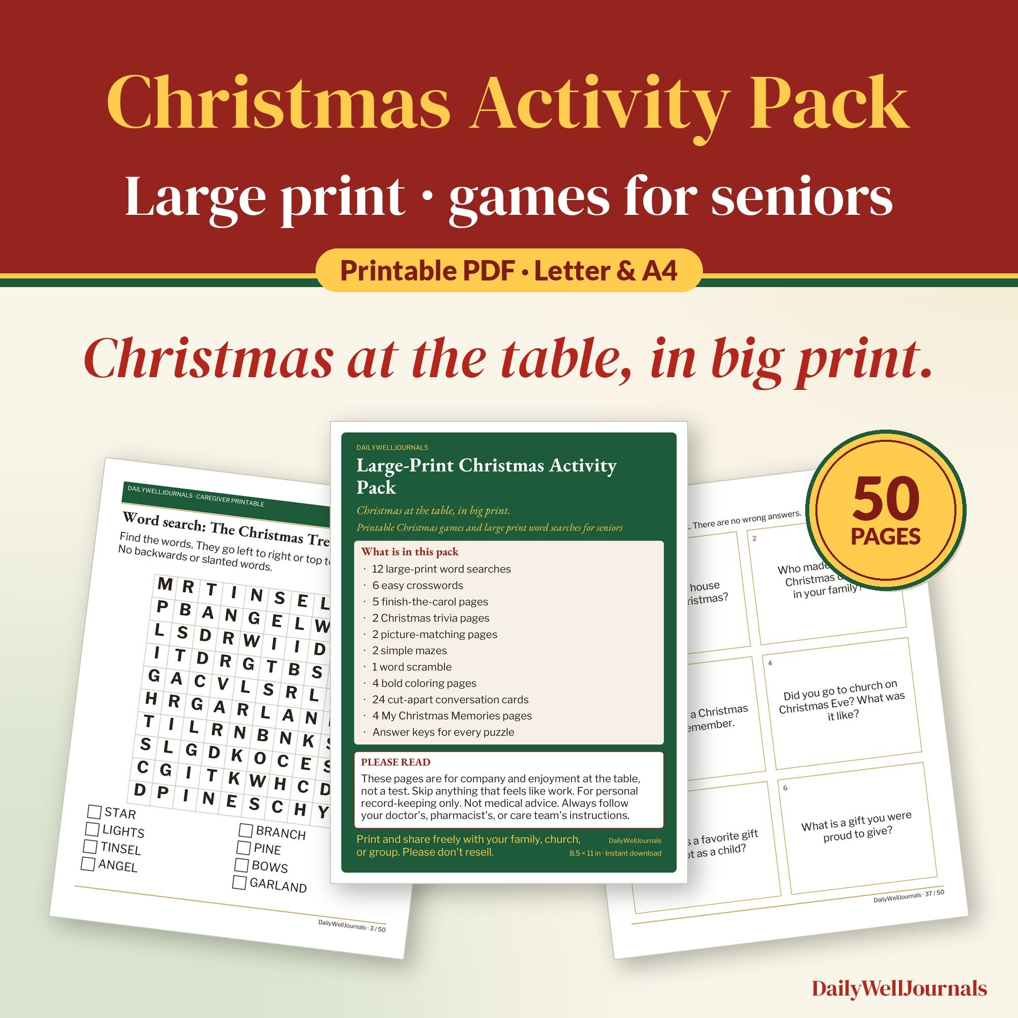 Large Print Christmas Word Search for Seniors: Crosswords and Coloring Pages, Printable