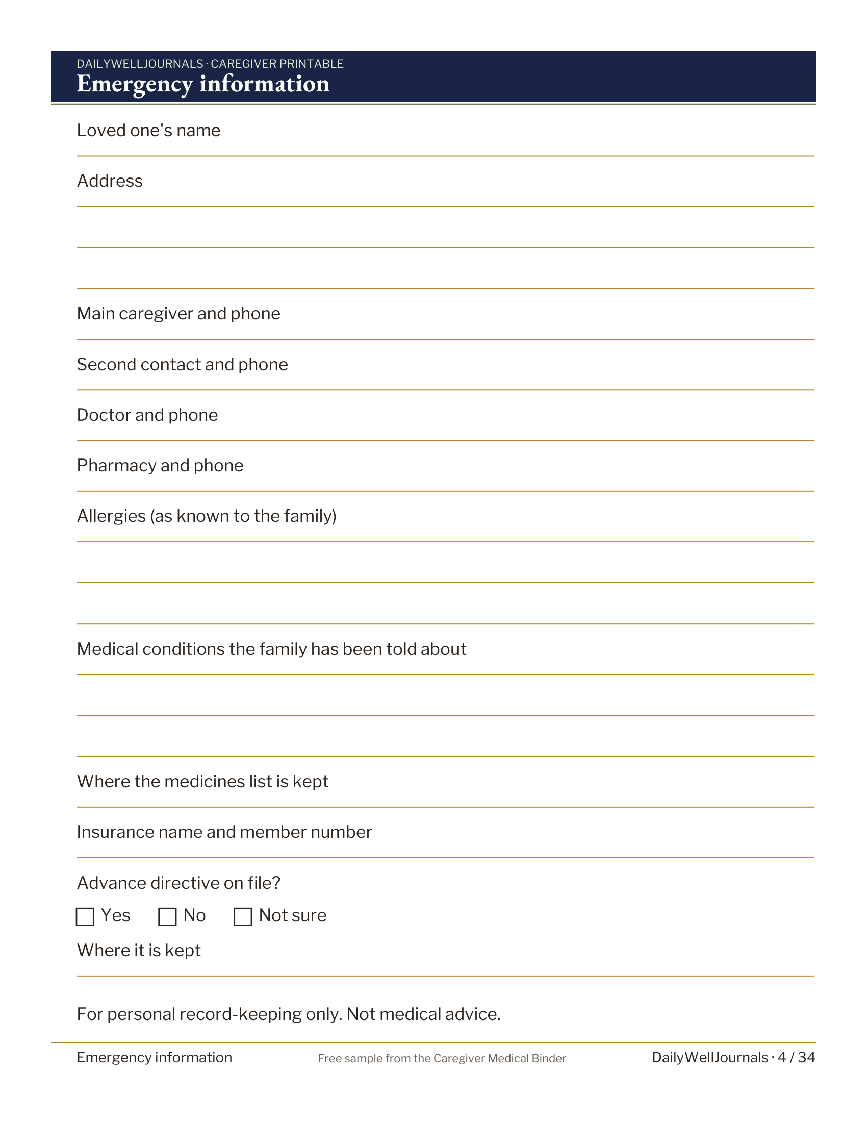 Free Printable Emergency Information Sheet for Seniors and Doctor Visit Notes Page