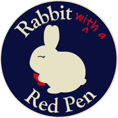 Logo for Rabbit with a Red Pen depicting a white rabbit holding a red pen