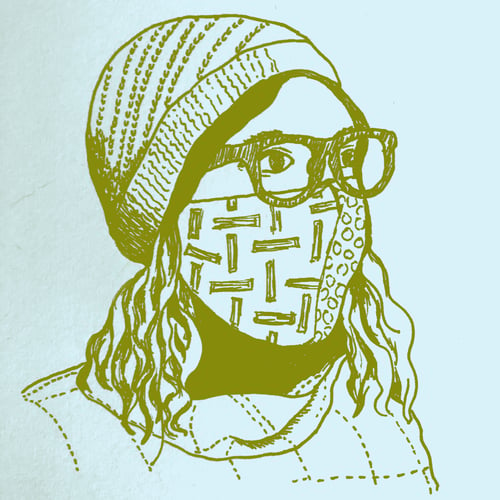 drawing of person wearing hat and face mask with medium-length wavy hair and floppy turtleneck with dotted lines, and glasses; background is light aqua and drawing is in green